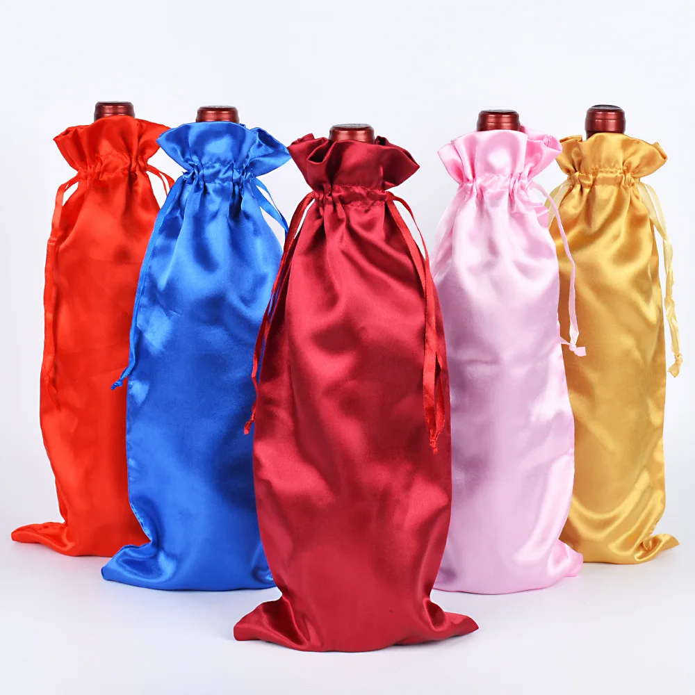 10 teile/los 15x35cm Satin String Beutel Kordel zug Taschen Weinflasche Verpackung Tasche Hochzeits feier Weihnachts dekor