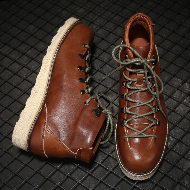 Men's Cowhide Thick-soled Boots Retro British Outdoor Tooling Shoes Ankle Boots Male Casual Lace Up Boots