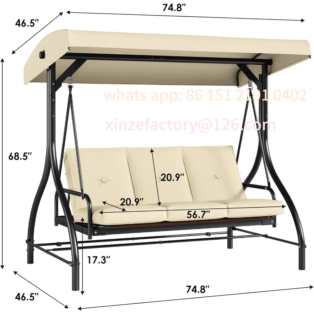 

Customizable 3-Seat Outdoor Patio Porch Swing with Adjustable Canopy & Backrest, Convertible Glider Bed with Stand