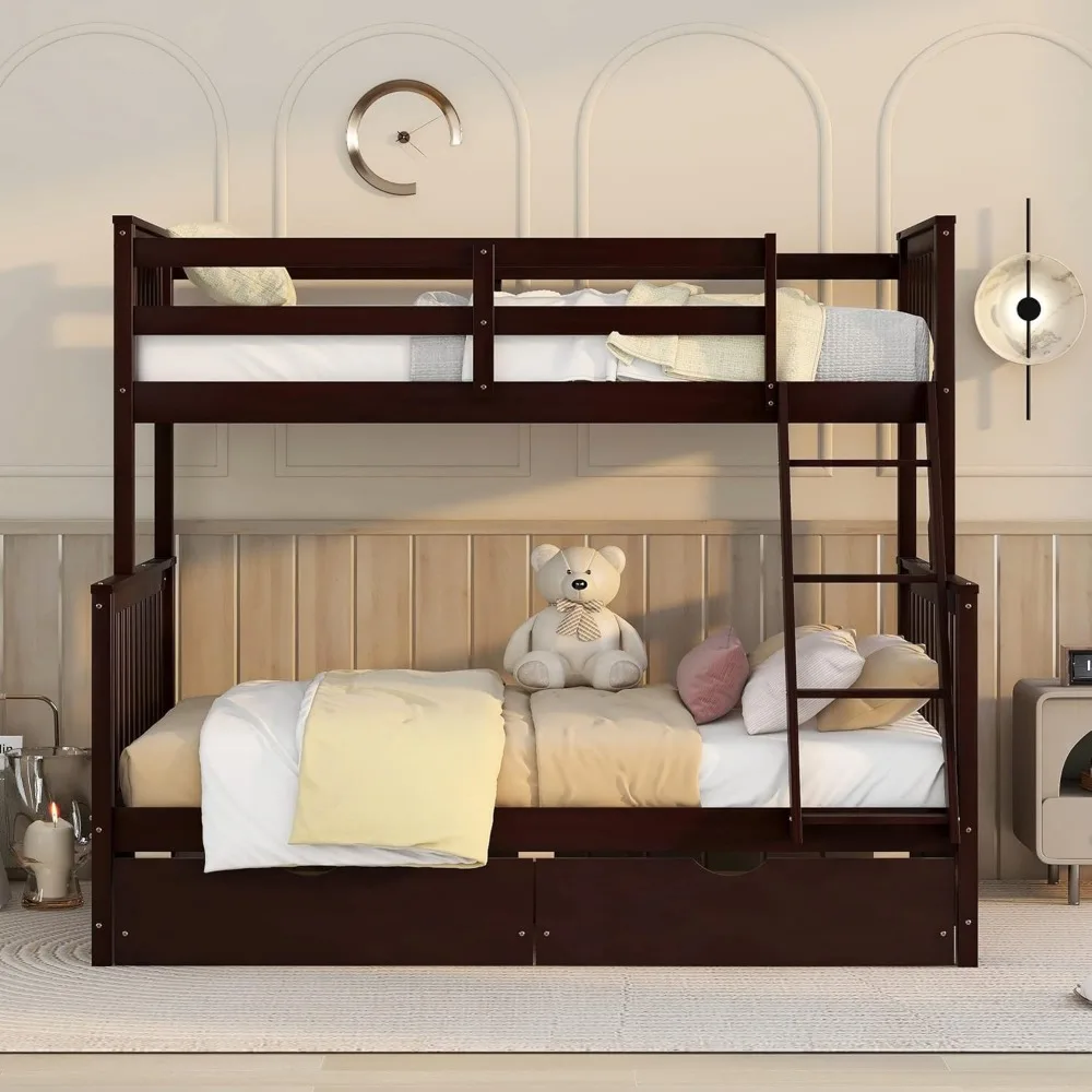 Wood Bunk Bed, with Two Drawers, WithLadders and Two Storage Drawers,with Ladders,Convertible Wood Bunk Bed