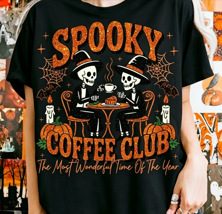 2026 New Family Matching Unisex Oversized T Shirt Spooky Coffee Club Skeleton Pumpkin Halloween Print Streetwear Tee