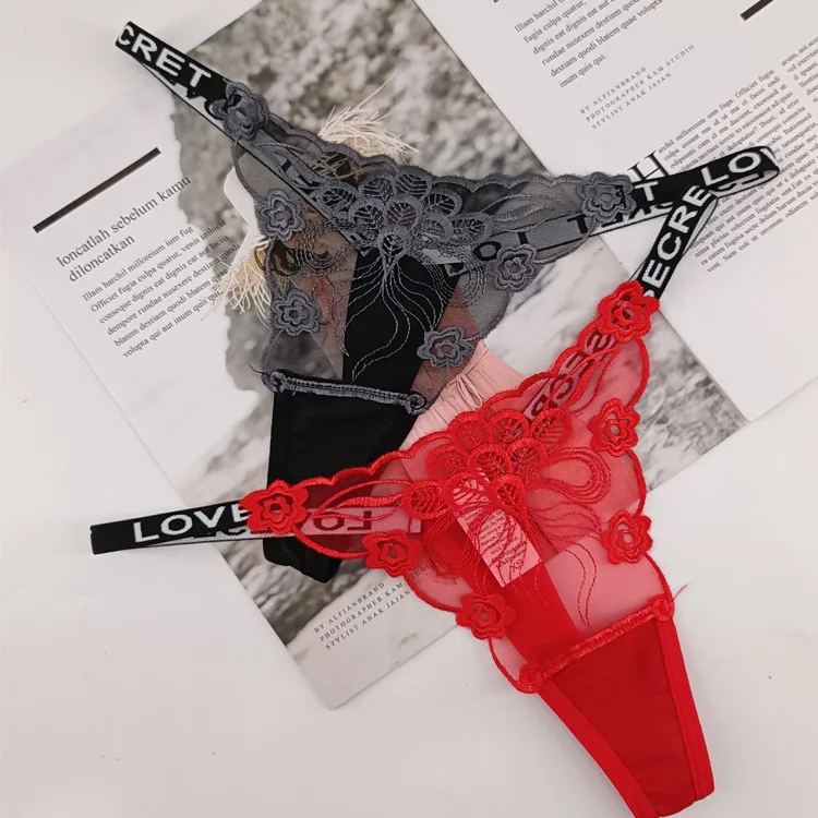 Women's Sexy Lace Thong Letter Low Waist G-string Female Transparent Hollow Out Underwear Floral Embroidery Cotton Crotch Panty