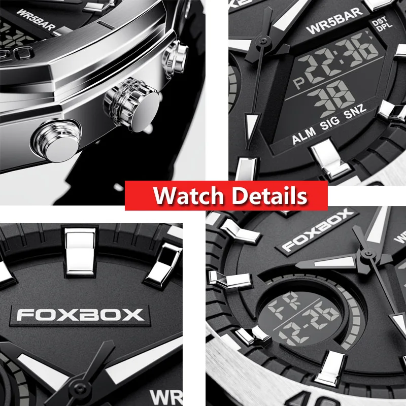 FOXBOX Luxury Men Watch Waterproof Double Display Wristwatch LED Alarm Clock Watch for Men Sports Watch Men relogios masculino