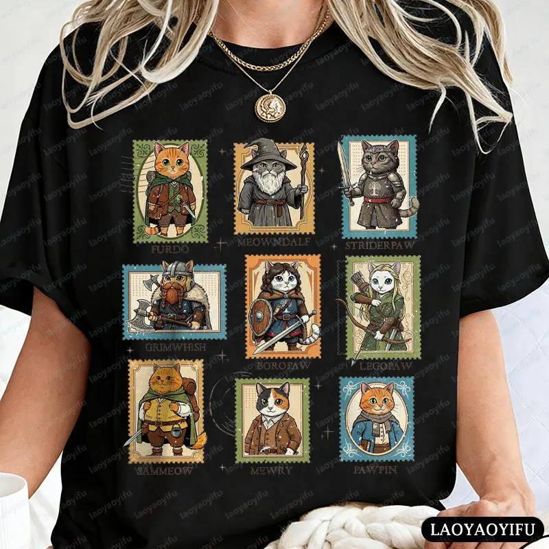 Lord of The Cats Stamps Printing Tshirt Wizard Cat Graphic Shirt Cat Lovers Gift Fashion Unisex Summer Cotton Short-sleeve Tees