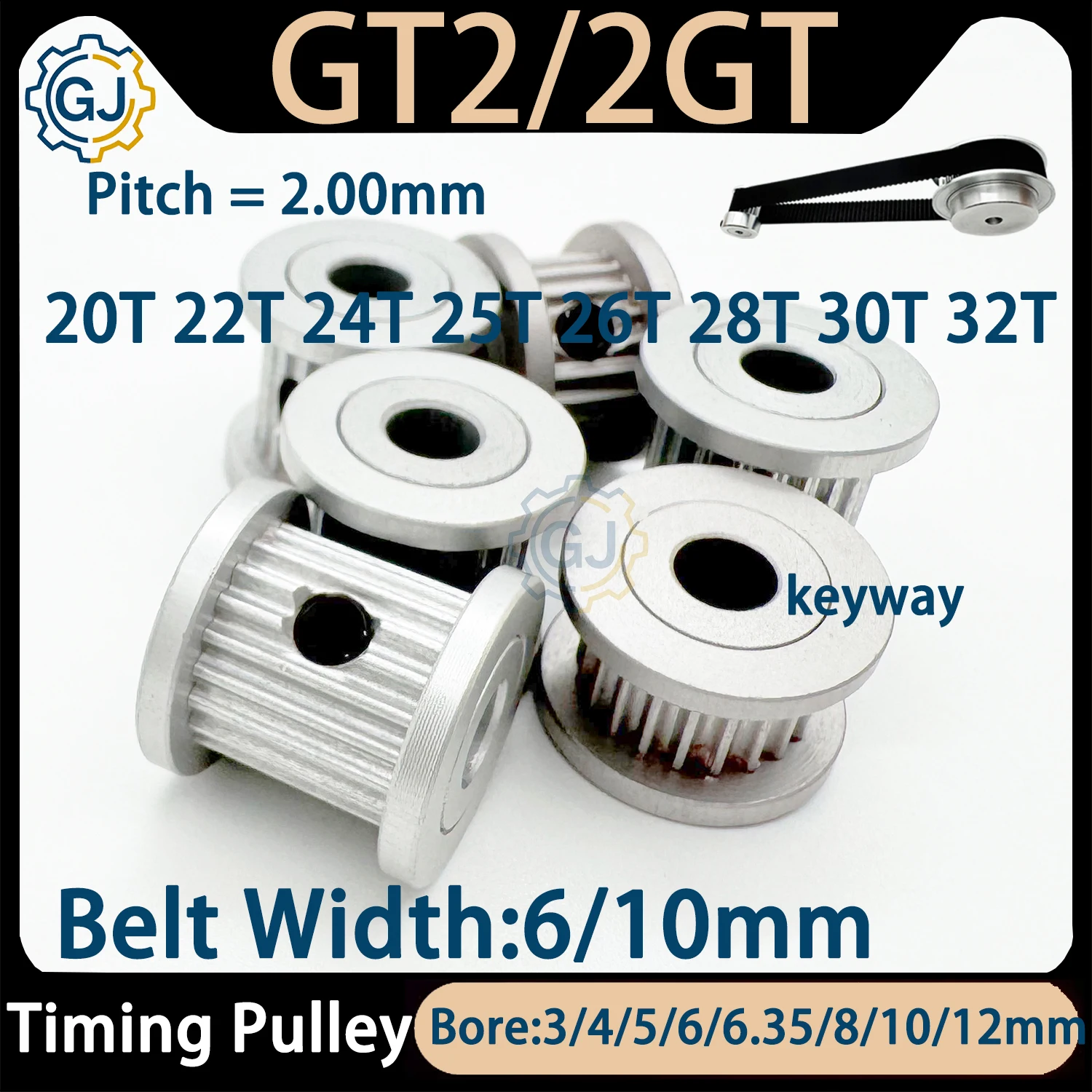 20T 22T 24T 25T 26T 28T 30T 32T 2GT Timing Pulley Bore 3/4/5/6.35/8/10/12mm for GT2 Synchronous belt width 6/10mm small backlash