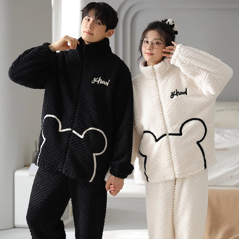 

Newest Winter Couple Pajamas Set Women Men Warm Fleece Pijama Lovers Cute Cartoon Home Clothing