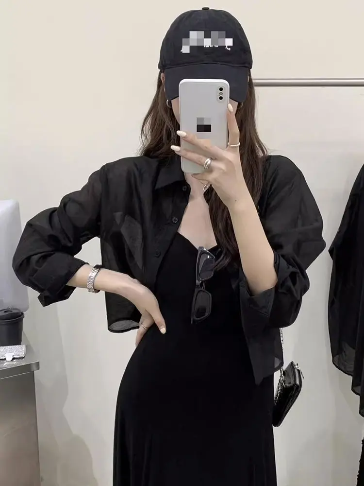 

Elegant Black Mesh-like Snowflake Sun Protection Shirt Women's Summer Thin Short Outerwear Cardigan Long Sleeve Collar