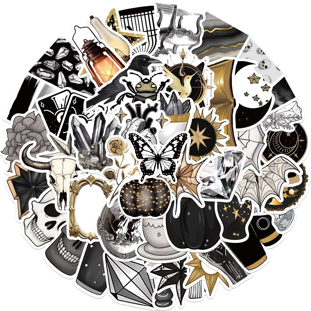 50PCS Cartoon Schwarz Gold Gothic Stil Wasserdichte Graffiti Aufkleber für Hand Konto Bleistift Fall Aufkleber BulingBulingStickers Shop