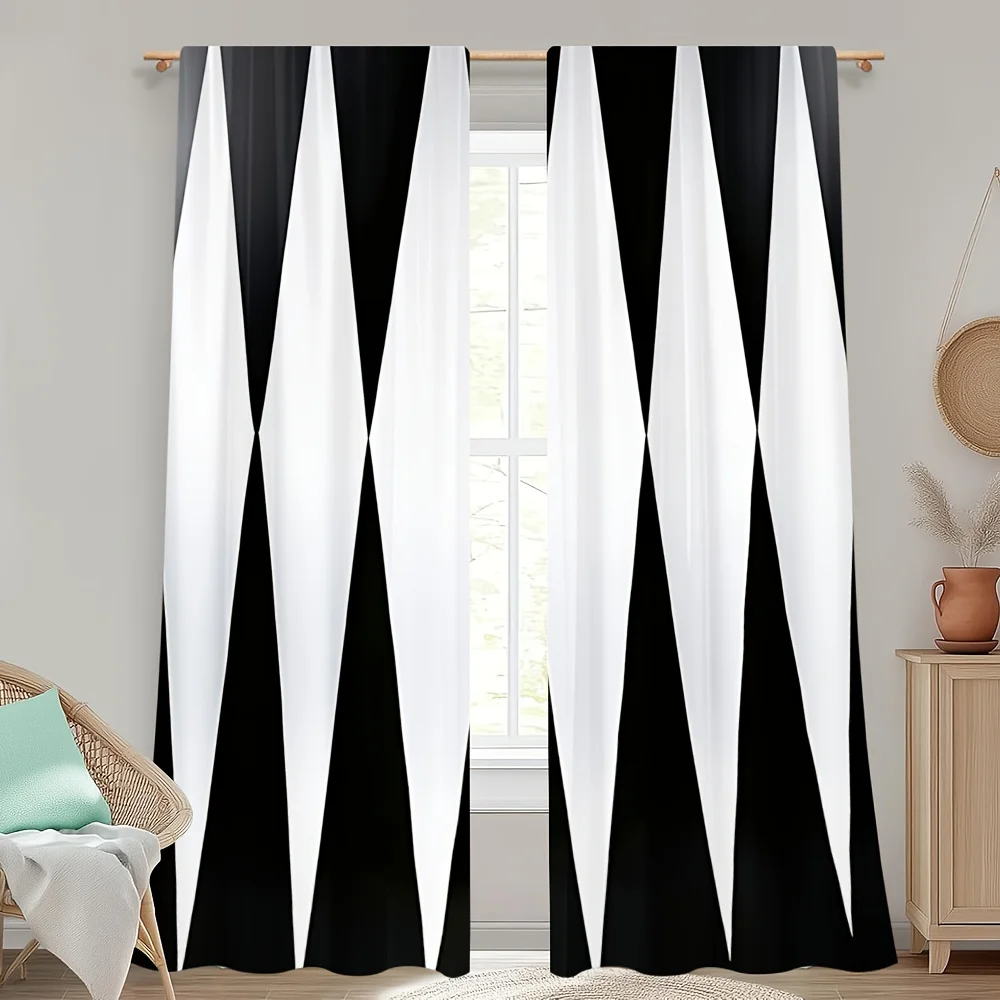 Modern Geometric Black White Curtain, Bold Diamond Pattern Drape, Minimalist Abstract Window Treatment for Living Room Bedroom