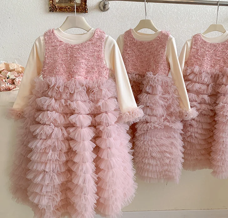 New Baby Girls Winter Boutique Fashion Sets  Top +   Mesh Cake Vest Dress  Princess Sweet Suits  2-7T