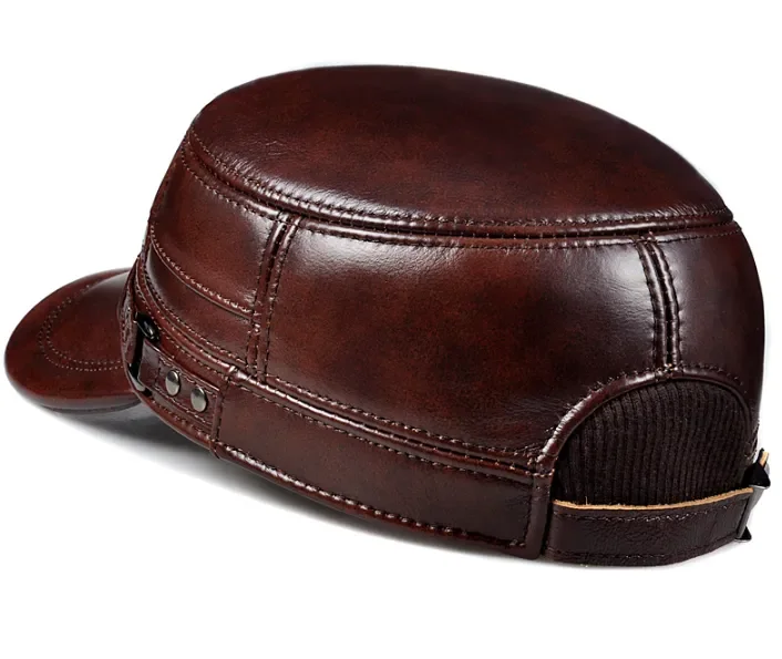 Winter Genuine Leather Cap Men's Flat Caps Military Hat Elegant Man Baseball Cap British Vintage Cowhide Ear Warm Hat