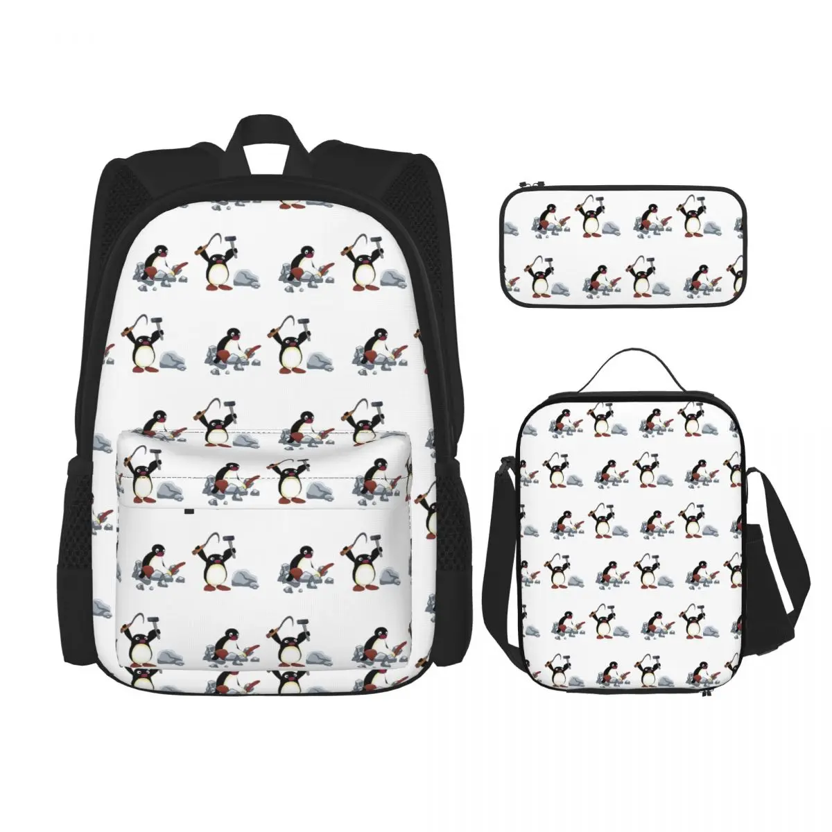 Angry Geologist Penguin Backpacks Students Bookbag School Bags Rucksack Lunch Bag Pen Bag Three-Piece Set