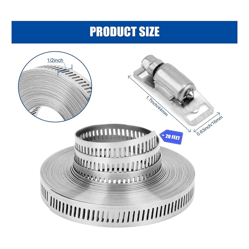 Hose Clamps 20FT Metal Strap+20 Fasteners DIY Cut-To-Fit Stainless Steel Band Clamps Adjustable Large Worm Durable Easy Install