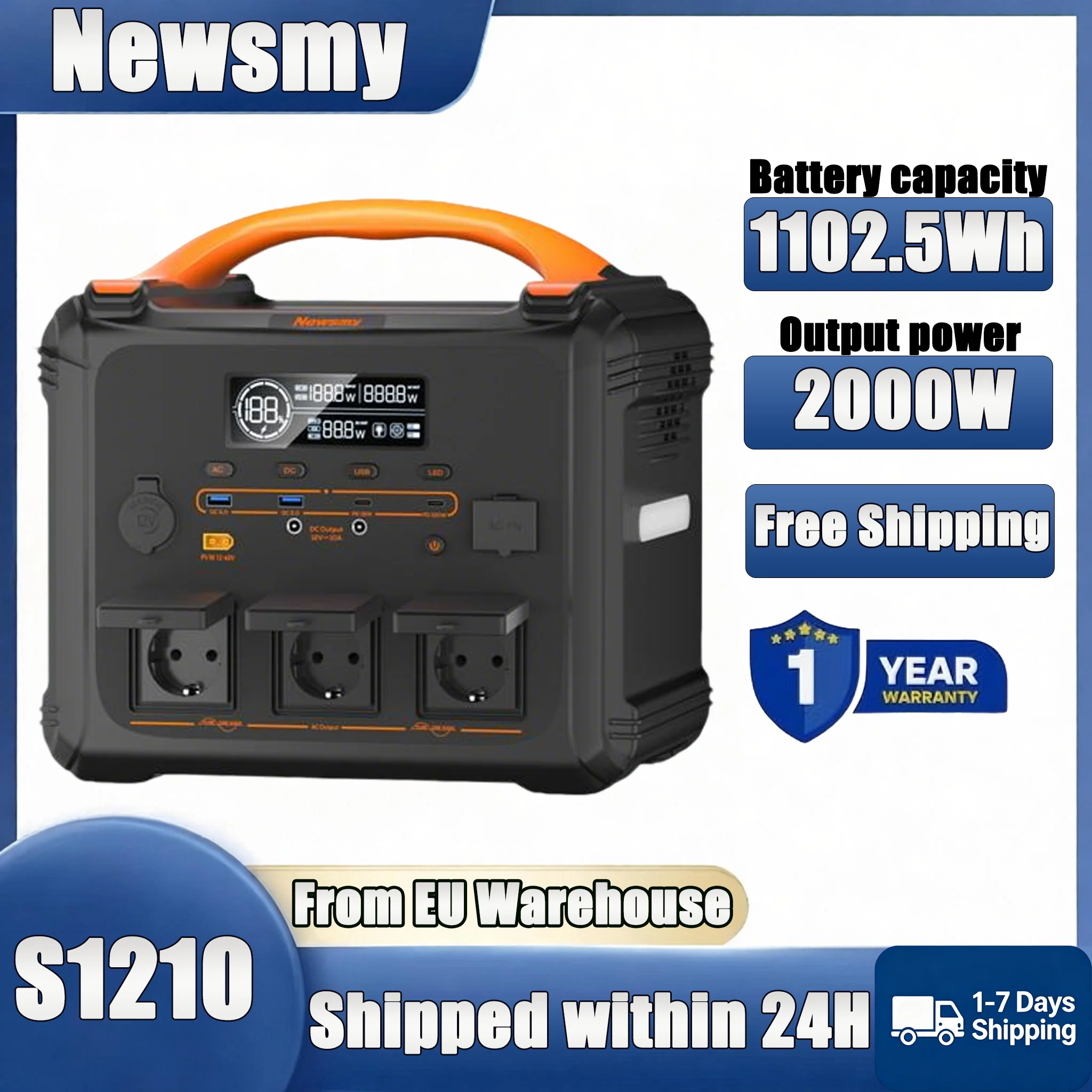 NEWSMY S1210 1102,5Wh LiMnFePO₄ Akku, 2000W Tragbare Powerstation, 3000W Spitzenleistung, 1300W AC Schnellladung, MPPT Solargenerator