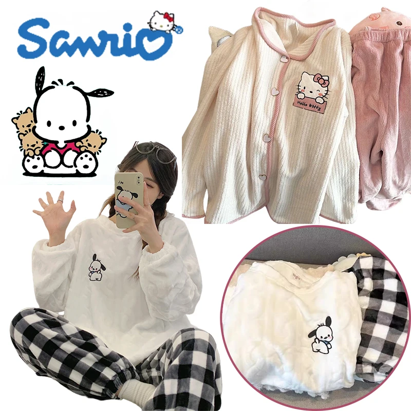 Sanrio Hello Kitty Pajamas Pochacco Cartoon Couple Fall Winter Warm Home Sleepwear Kawaii Loose Lovers Homewear Pijamas Set Gift