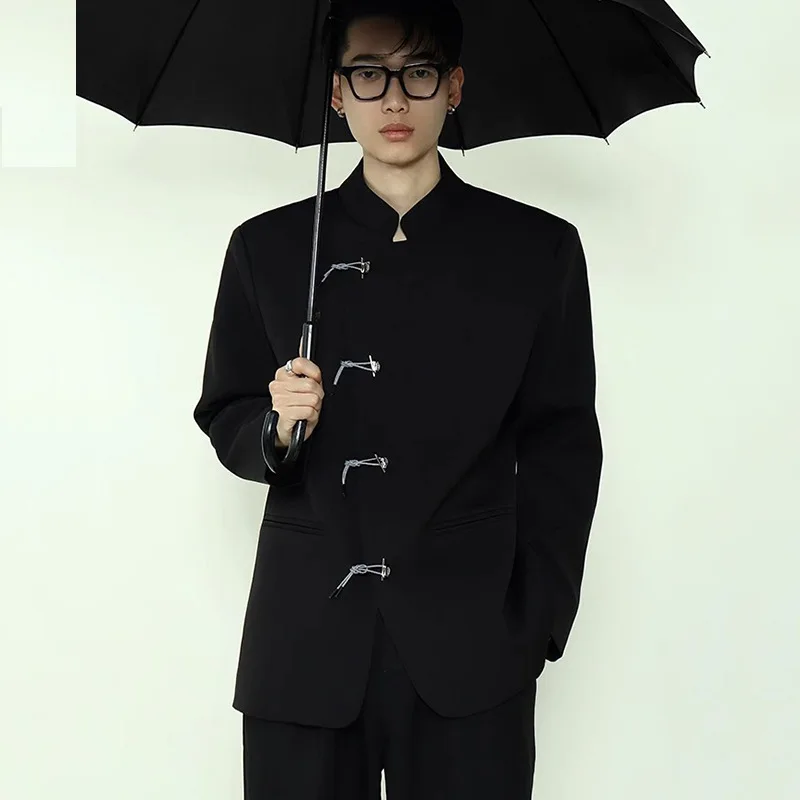 

HOUZHOU Vintage Coat Men Chinese Style Disc Buckle Design Black Blazer Masculino Tops Male Big Size Standing Collar Loose Casual