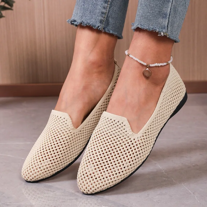 

Женские туфли на плоской подошве с острым носком Zapatos De Mujer, однотонные вязаные слипоны, повседневные дышащие сетчатые лоферы для повседневного использования, босиком