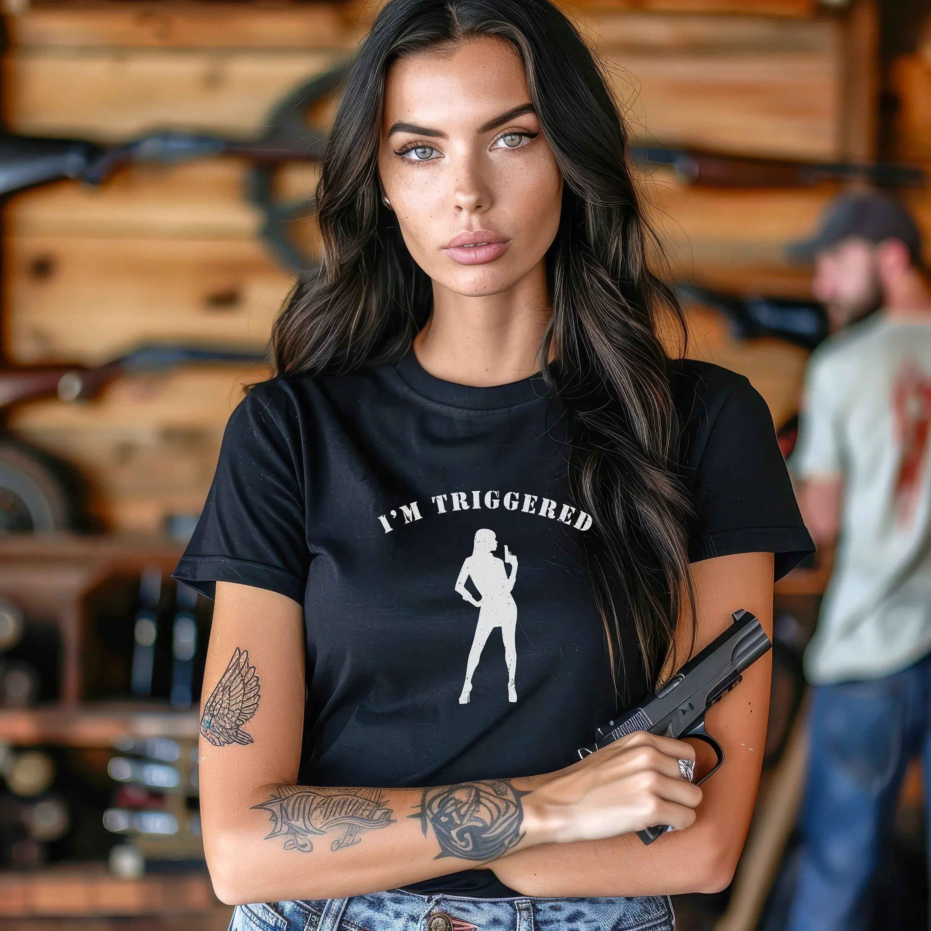 Shooting T Shirt I m Triggered Silhouette of Woman with Pistol Perfect for Her Firearms Fan and Enthusiasts