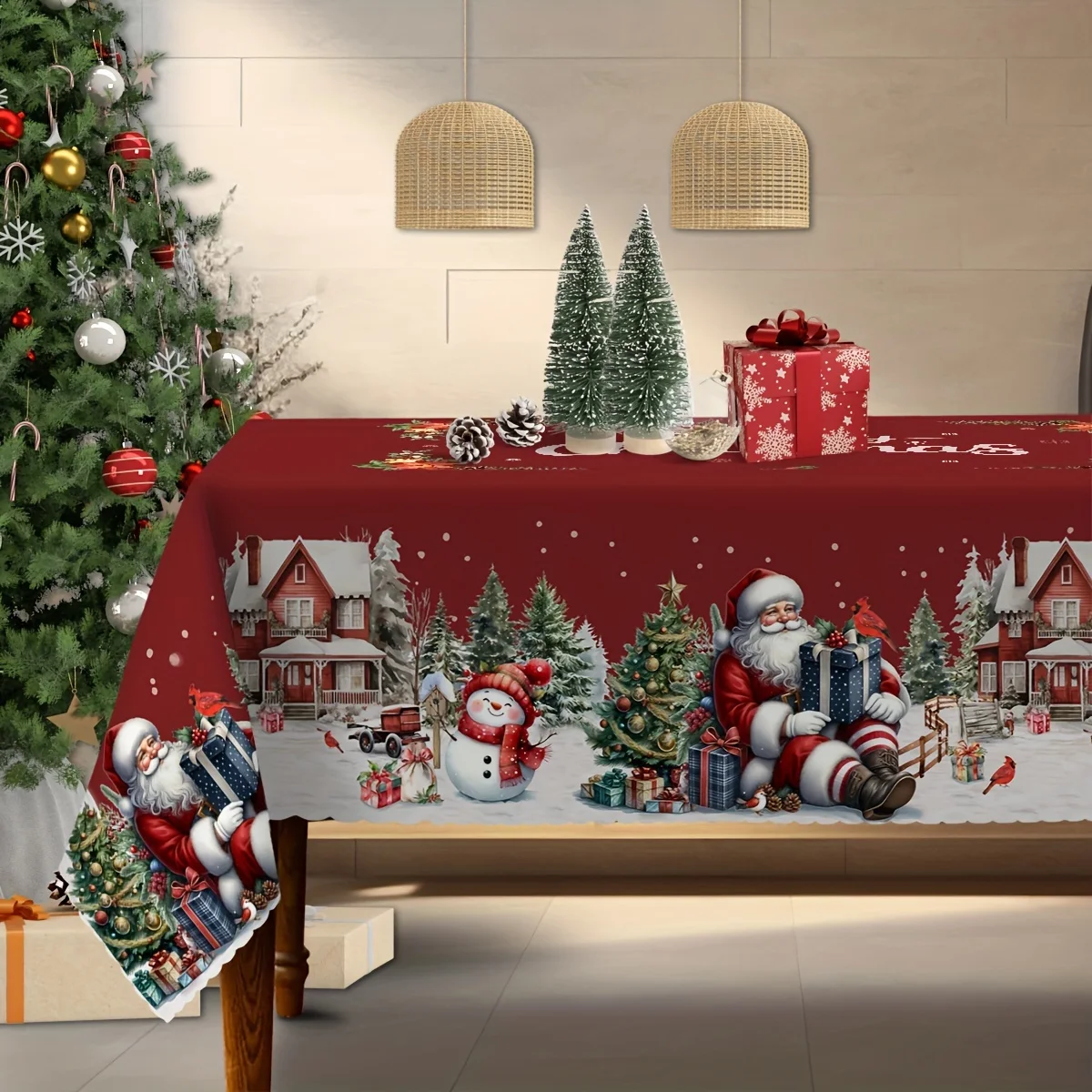 

Merry Christmas Santa Claus Snowman Tablecloth Home Party Decor Winter Xmas Tree Kitchen Dining Table Cloth Christmas Decoration