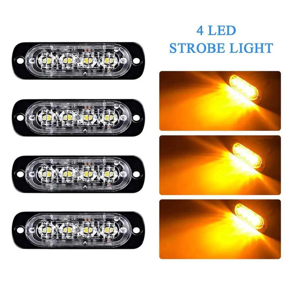 4x Amber 4-LED Flashing Recovery Strobe Car Emergency Light Grill Breakdown 12V Ultra-thin Strobe Car LED Flasher Light Assembly