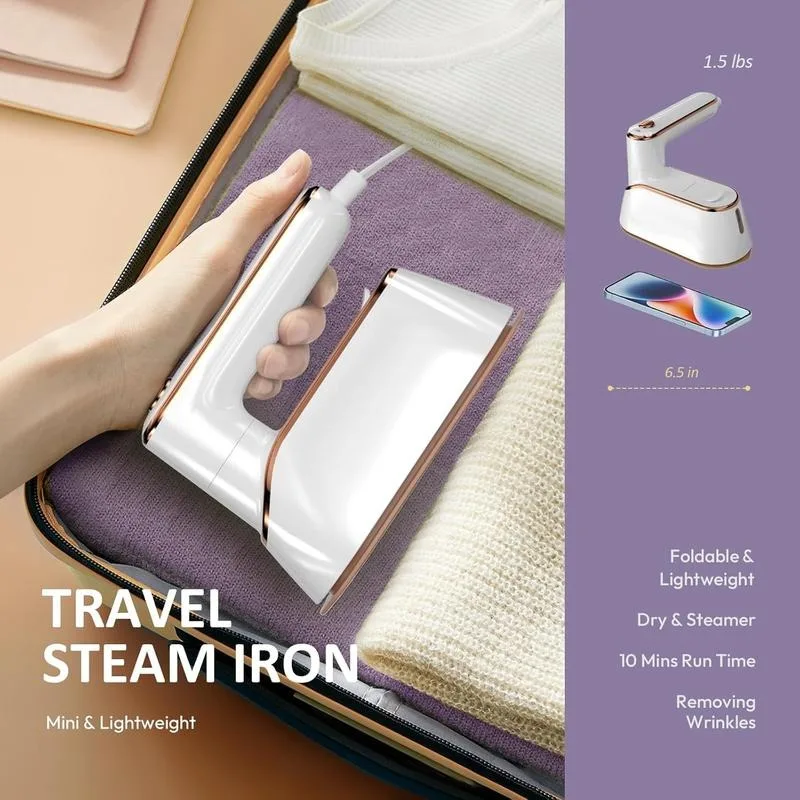 مكواة بخار للسفر بقدرة 1300 وات، مكواة سفر صغيرة محمولة فعالة للملابس بتصميم رقيق، مثالية للسفر، باللون الأبيض
