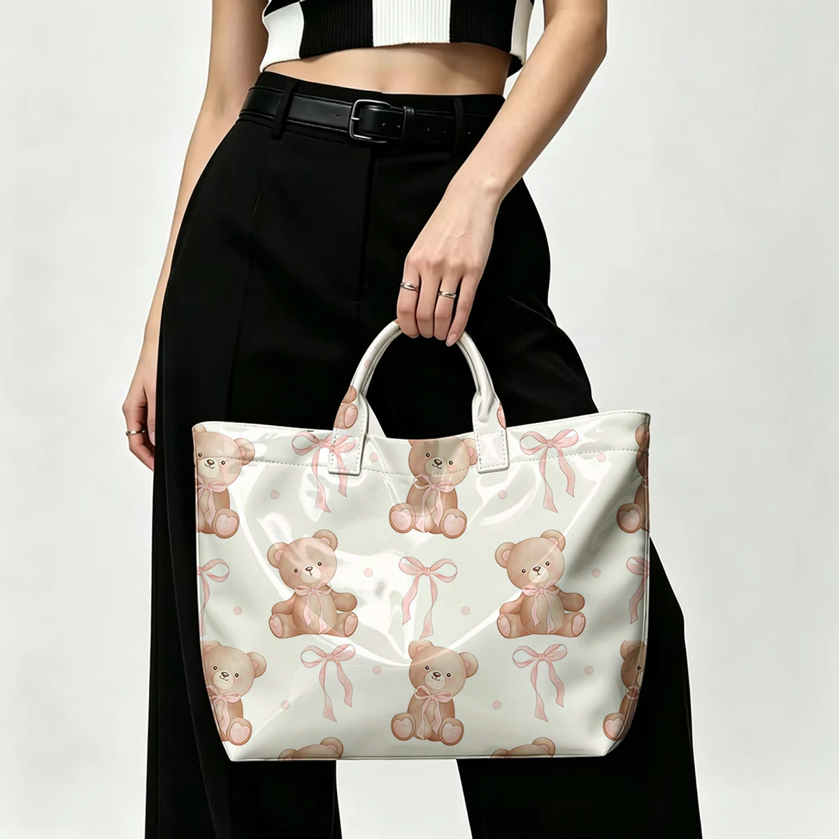 Blush Cute Bear & Bow PVC Tote Bag Waterproof Transparent Jelly Bag Beach Bag Tote Pouch Bow Handbags Storage Bag