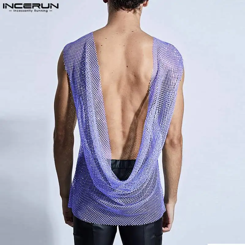 INCERUN Men Tank Tops Mesh Transparent O-neck Sleeveless Backless Hollow Out Male Vests Solid Summer 2024 Fashion Men Clothing