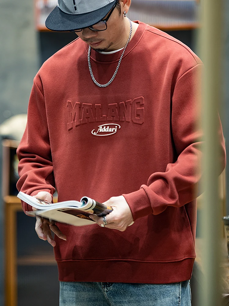 American Style Red Hoodie Men's Spring Autumn Trendy Embossed Letter Loose Shoulder Drop round Neck Long Sleeve Overhead Shirt