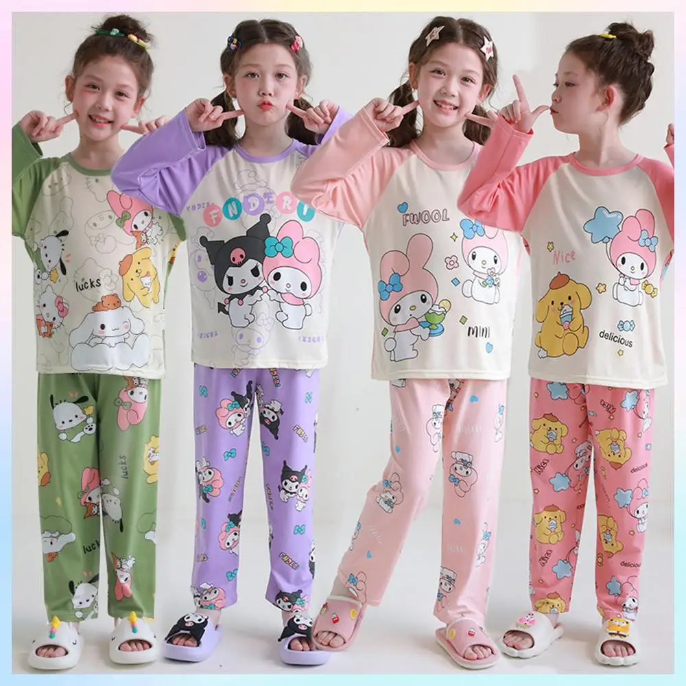 Kawaii Kuromi Cinnamoroll Melody Kids Pajamas Long Sleeve Pants Anime Sanrios Spring Autumn Cotton Cartoon Cute Girls Homewear