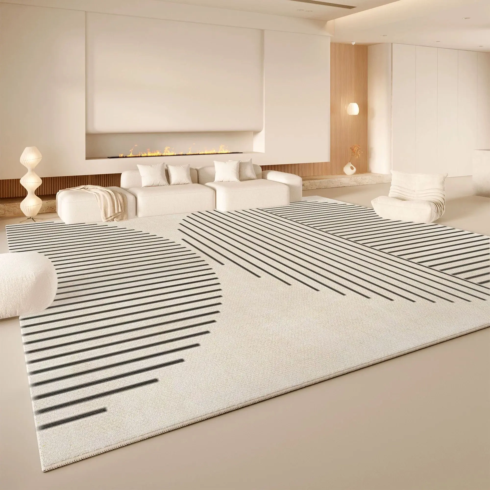 VIKAMA Beige Wavy Line Area Rug Washable Anti-Slip Living Room Carpet Minimalist Neutral Abstract Home Floor Decor Rug Home