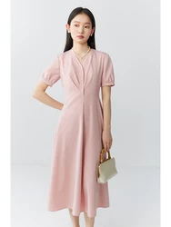 ZIQIAO Temperament Solid Color Waist Slimming Dress for Women 2024 Summer New Short-sleeved V-neck Mid-length Dress Female