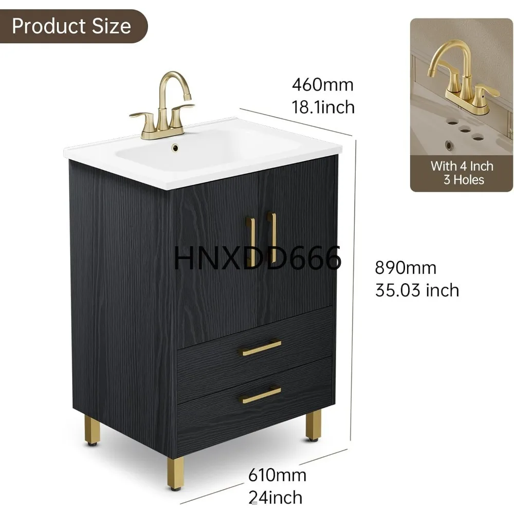 حمام 24 بوصة، بابين إغلاقين ناعمين ودرجين، مع مجموعة حوض مفردة بثلاث فتحات، صنبور غير متضمن، خزائن حمام