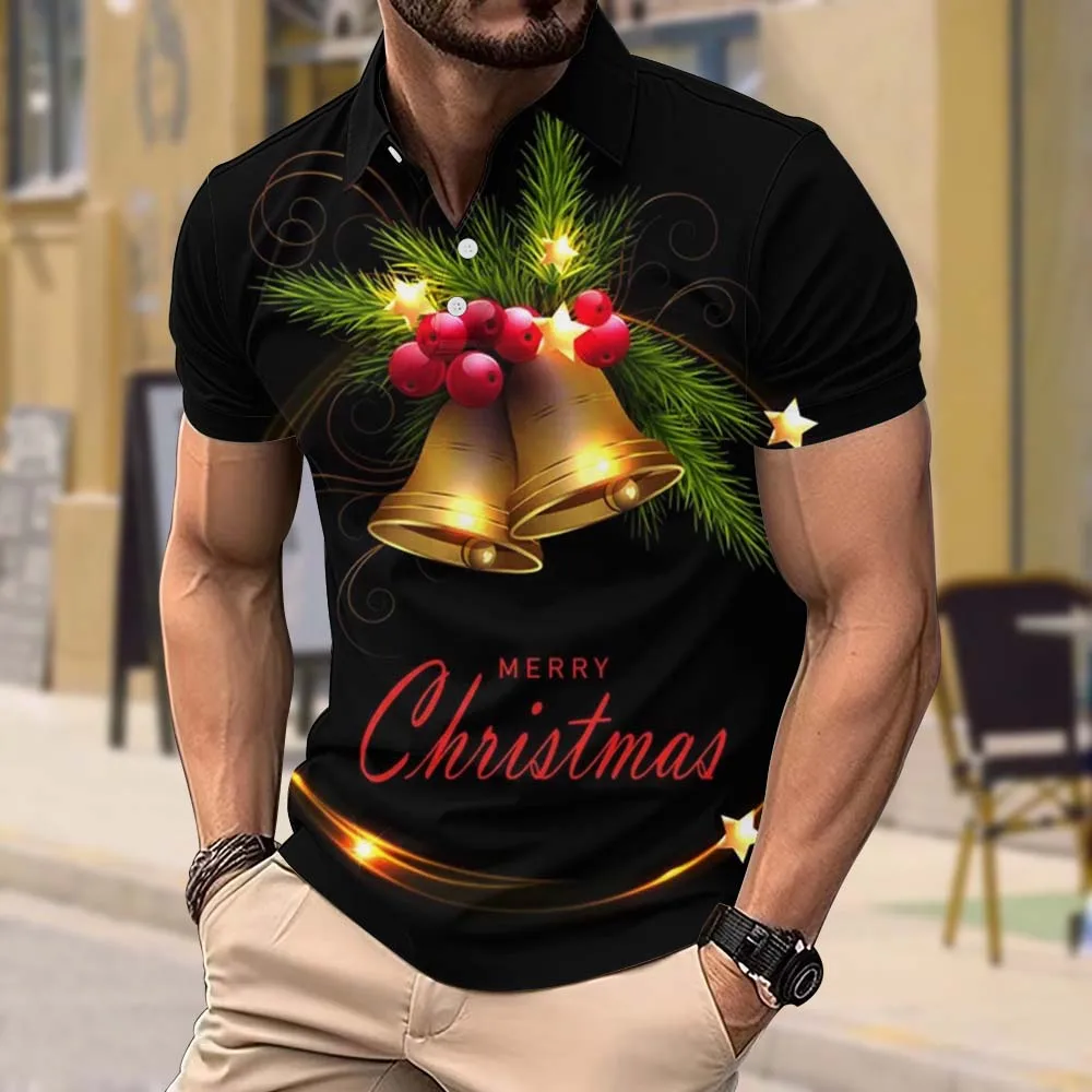 Christmas Men's Polo Shirt Christmas Bell 3d Print Short-sleeved Top Pullover Harajuku Street Slightly Elastic Loose Polo Shirt