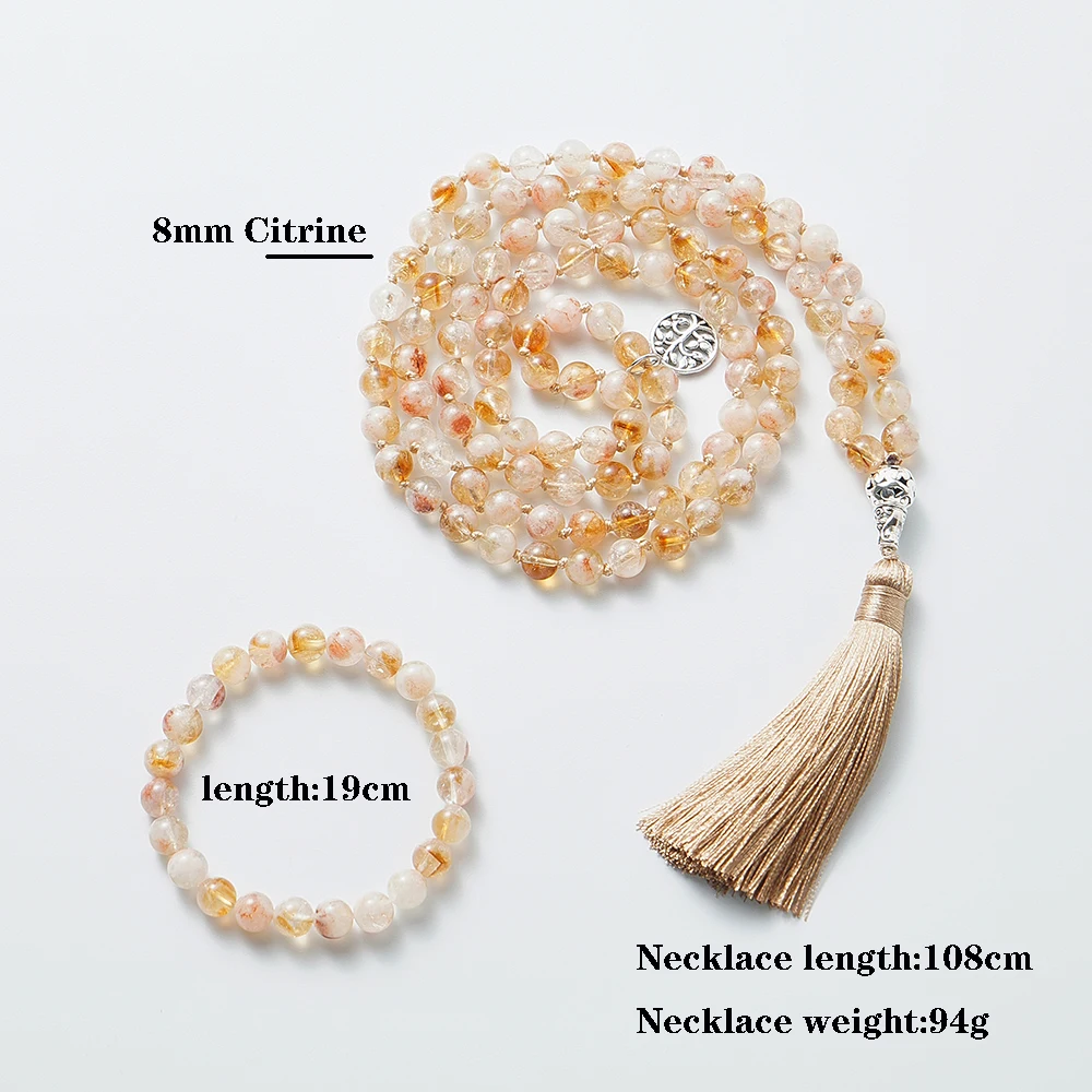 8mm Citrine Knot 108 Mala Beaded Necklace Bracelet Set Meditation Yoga Prayer Jewelry Japamala Rosary for Men and Women view 2