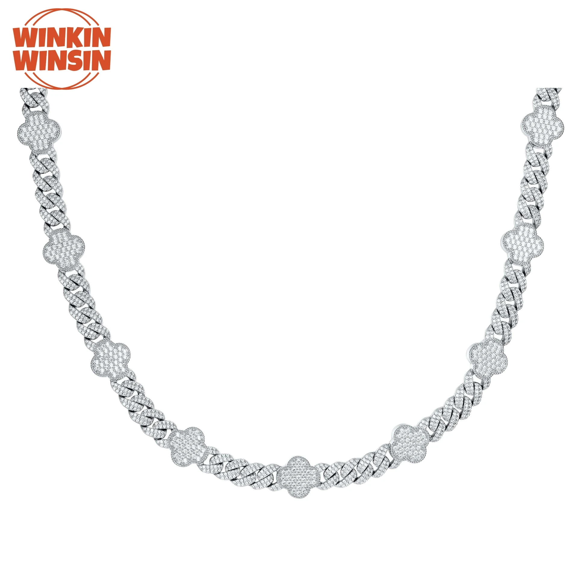 

Winkin Winsin Brand Four Leaf Clover S925 Sterling Silver Necklace Hip Hop Cross Cuban Chain Necklace Men Moissanite Jewelry