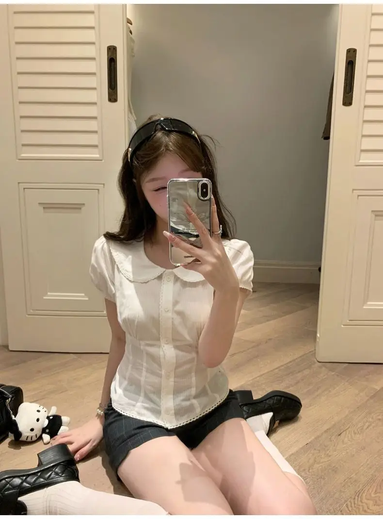 

White Blouses For Women Peter Pan Collar Short Sleeve Tunic Shirts 2026 Blusas Mujer De Moda Cute Crop Tops Sweet Summer Blouse