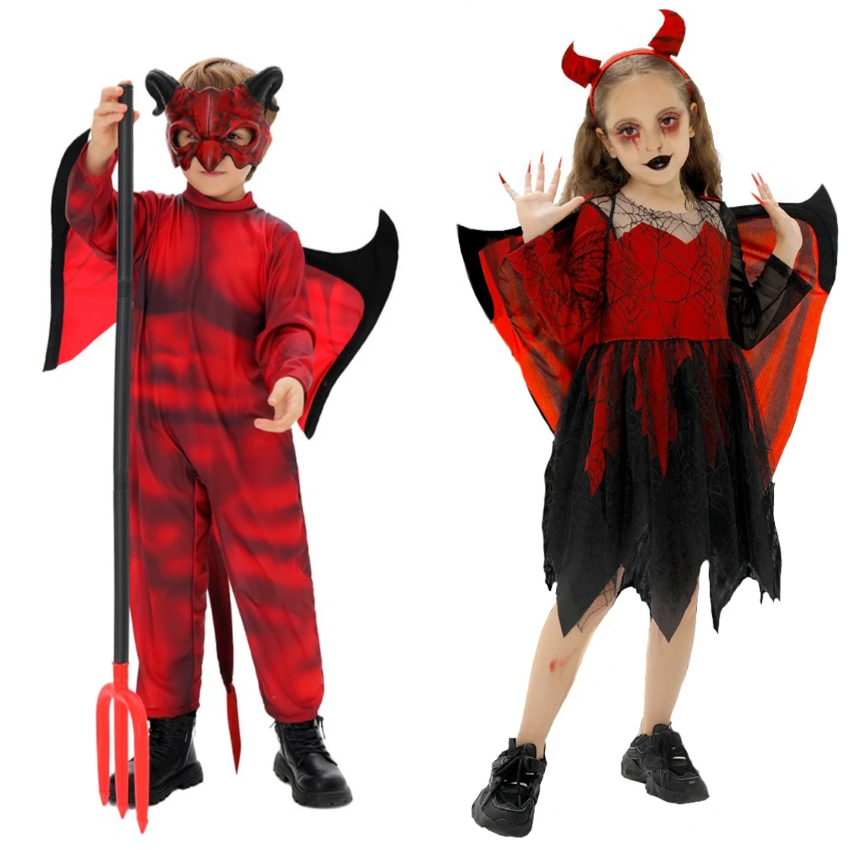 Boys Girls Red Devil Halloween Costumes Children Spider Web Bat Witch Cape Dress Jumpsuit Kids Carnival Party Role Playing Set