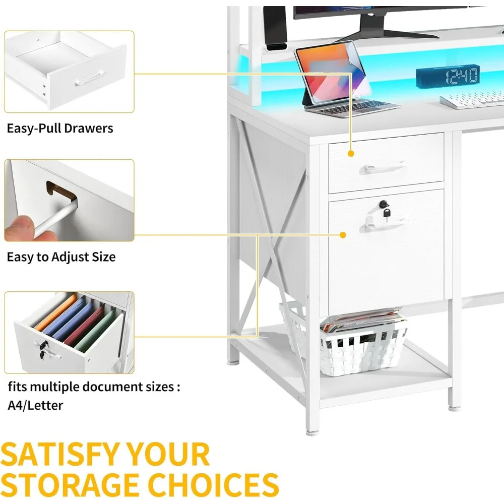 Desk with Drawers, Hutch, Power Outlets, and LED Lights for Home Office with Storage Shelves