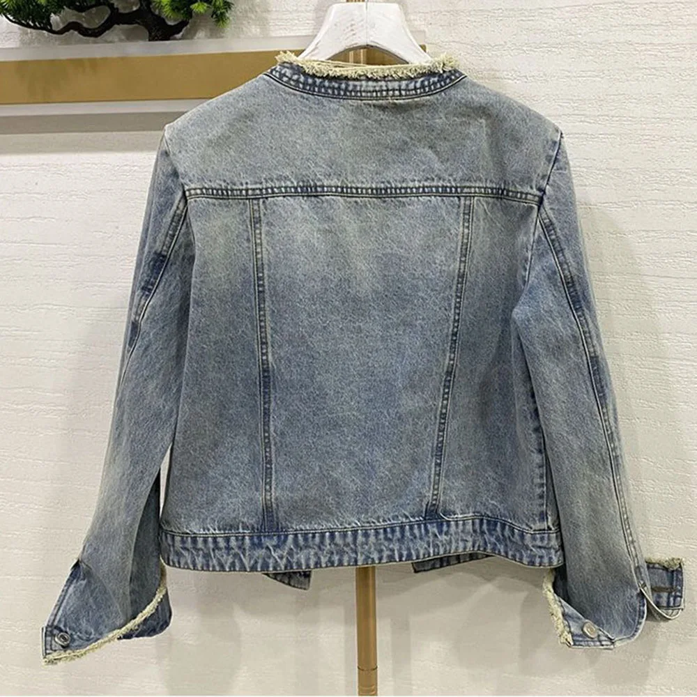 Design Sense Of Raw Edge Fashion Denim Jacket Damska wiosna i jesień Nowy przemysł ciężki Frezowanie Wysokiej klasy dżinsowe ubrania damskie