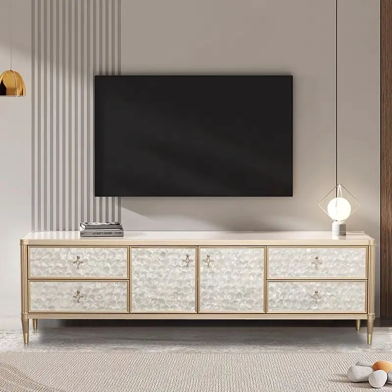 Modern simple shell, TV cabinet, American living room, champagne gold solid wood floor cabinet, storage coffee table combination