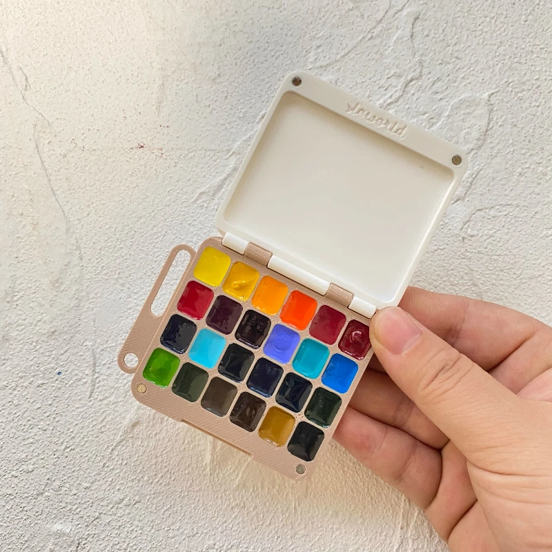 لوحة ألوان مائية محمولة مكونة من 24 خلية، صندوق طلاء رفيع للغاية وقابل للطي، صينية طلاء للسفر، لوازم فنية