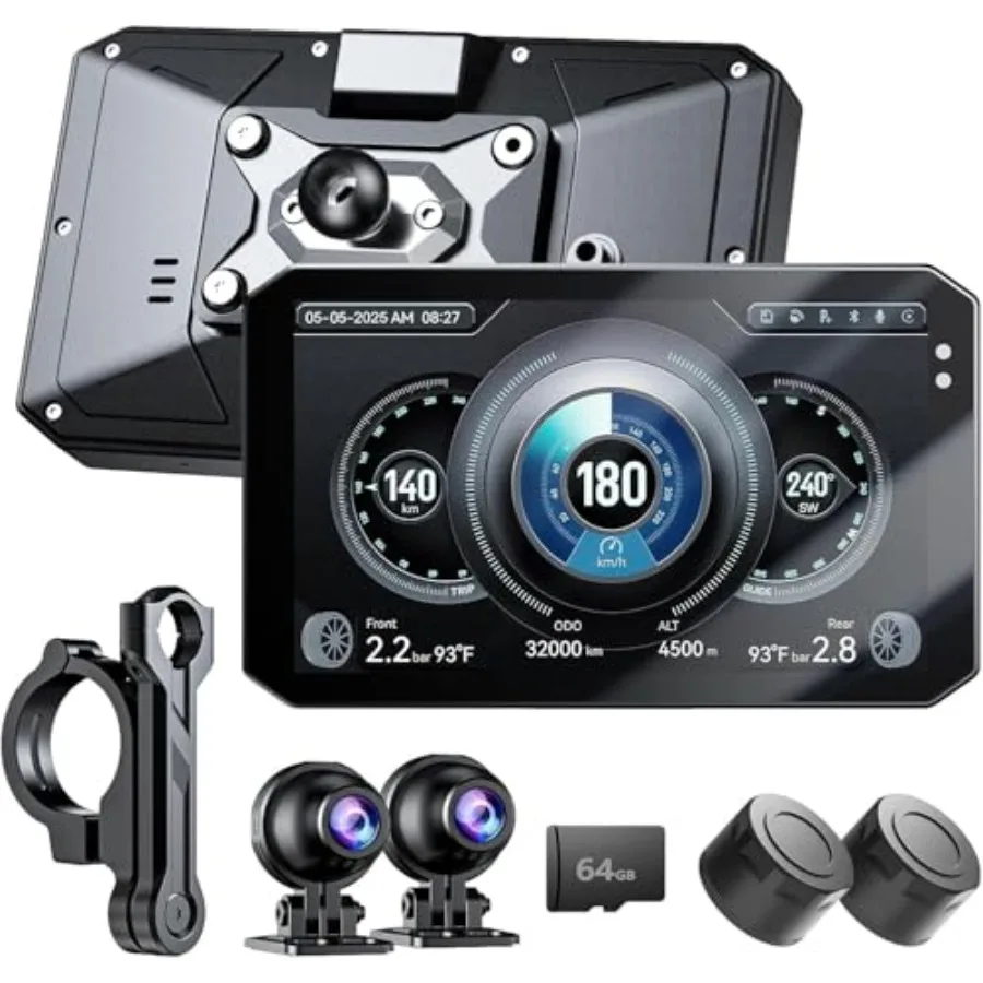 

Motorcycle dash cam for front and rear use, ABS plastic, black, 1080P+1080P resolution with night vision, IP67 waterproof, TPMS