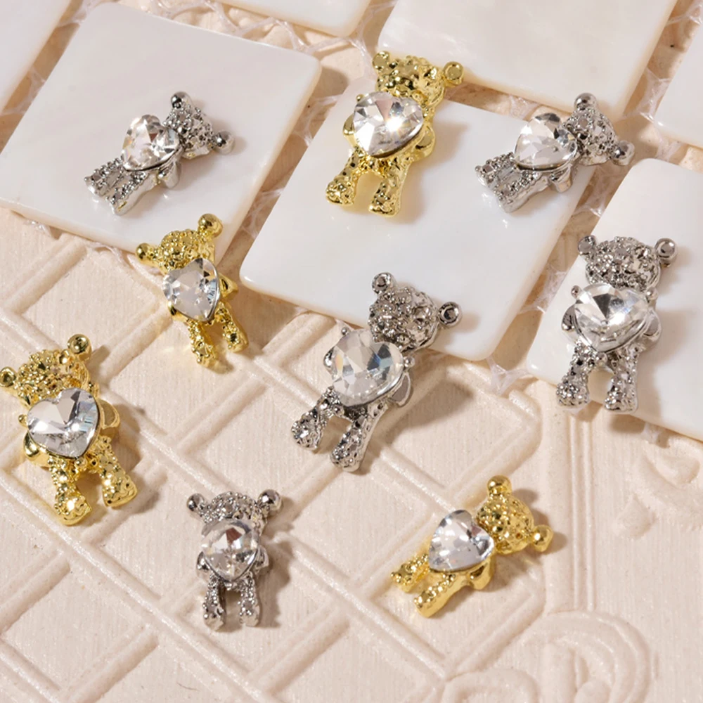 10Pc Luxury Alloy Metal Teddy Bear Nail Rhinestone 3DGold Bear With Crystal Heart Shiny Nail Jewelry Parts Nail art Charm#7*15mm