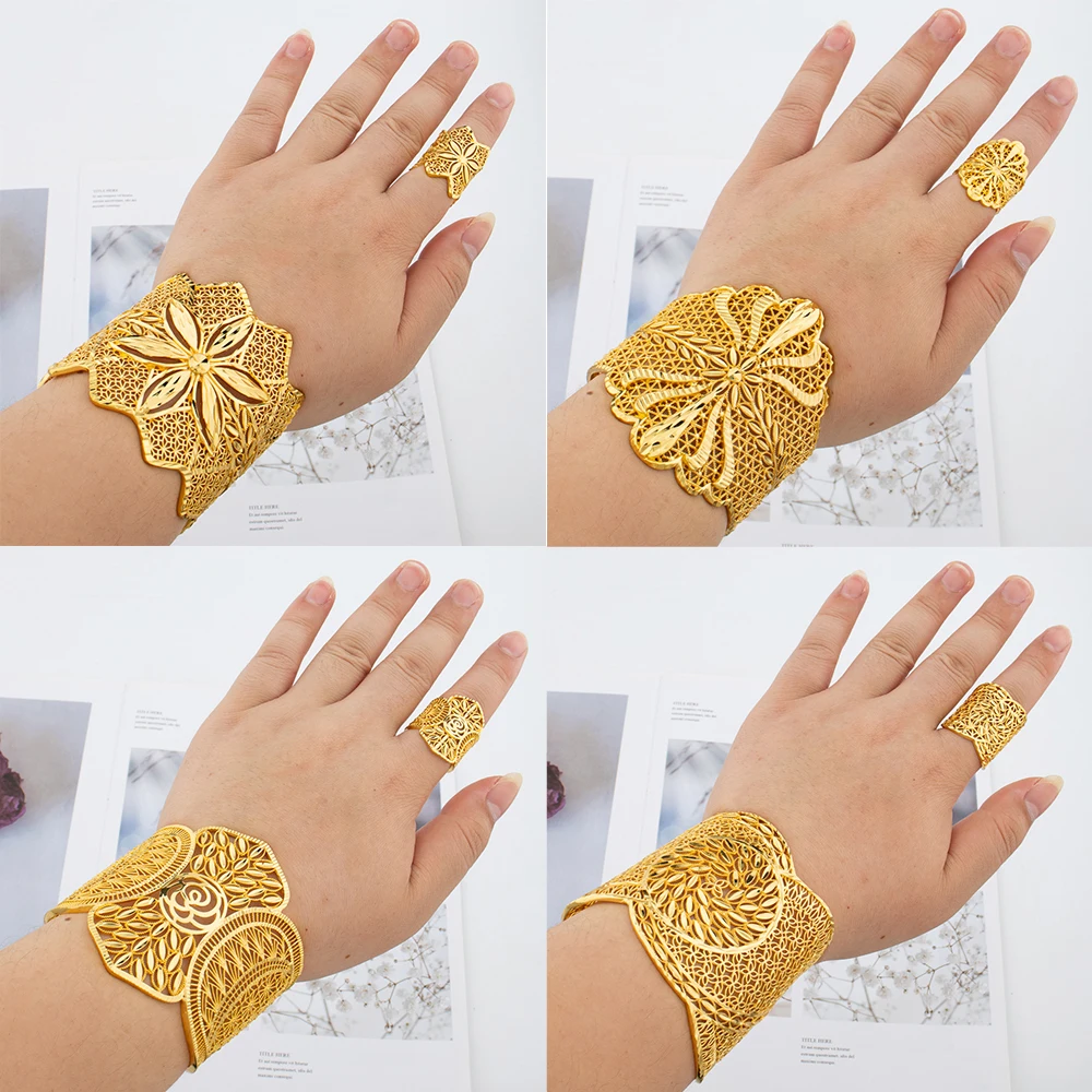 Gold Plated Cuff Bracelet With Ring Female Dubai Gold Color Bangles For Women Luxury Dubai Anniversary Gift Jewelry Accessories