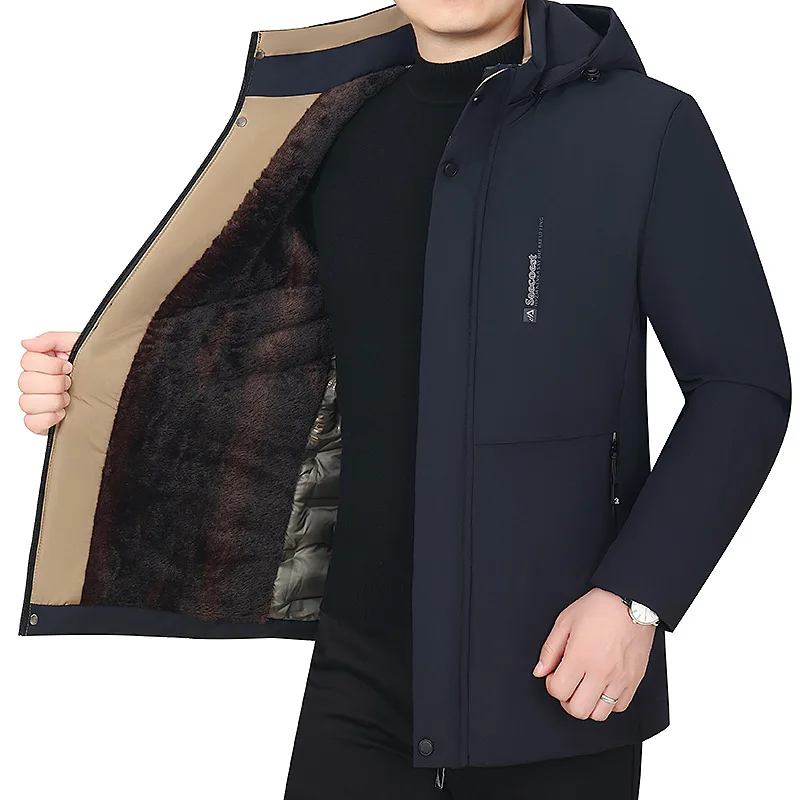 Men's Winter Fleece Cotton-Padded Jacket Thickened Warm Business Outerwear Middle-Aged Trendy Clothing