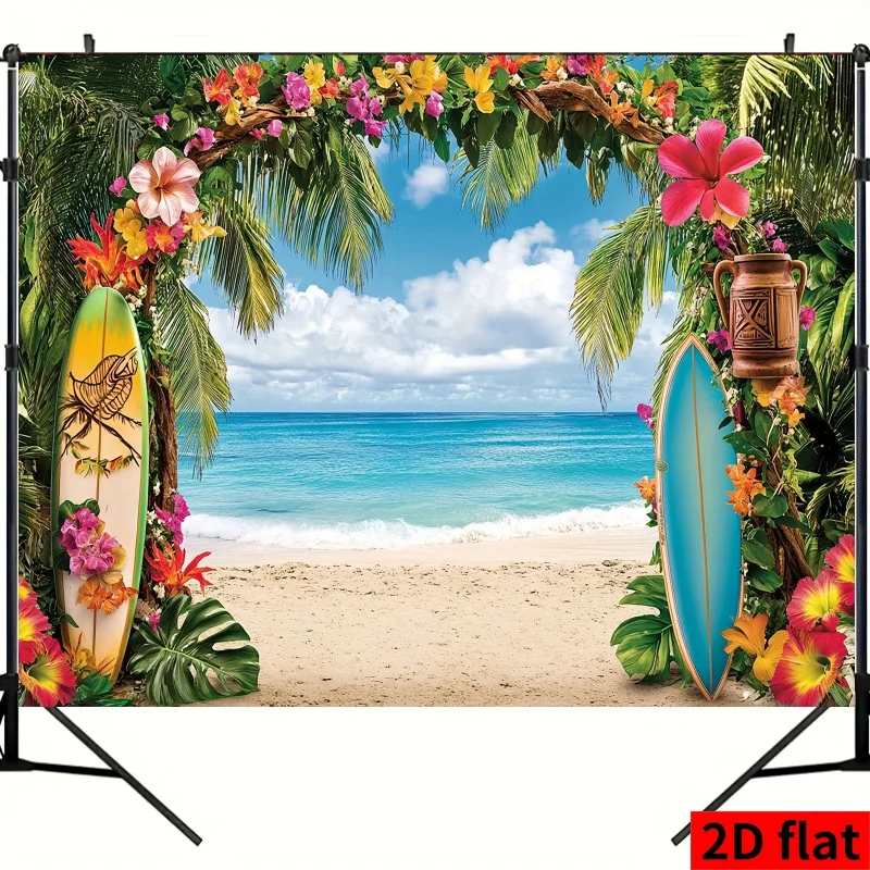1 Stück, 2D-Flachbild, Hintergrundstoff mit einer hawaiianischen Strandszene, darstellend tropische Blumen, Ozean und Himmel; Sommerdekoration.
