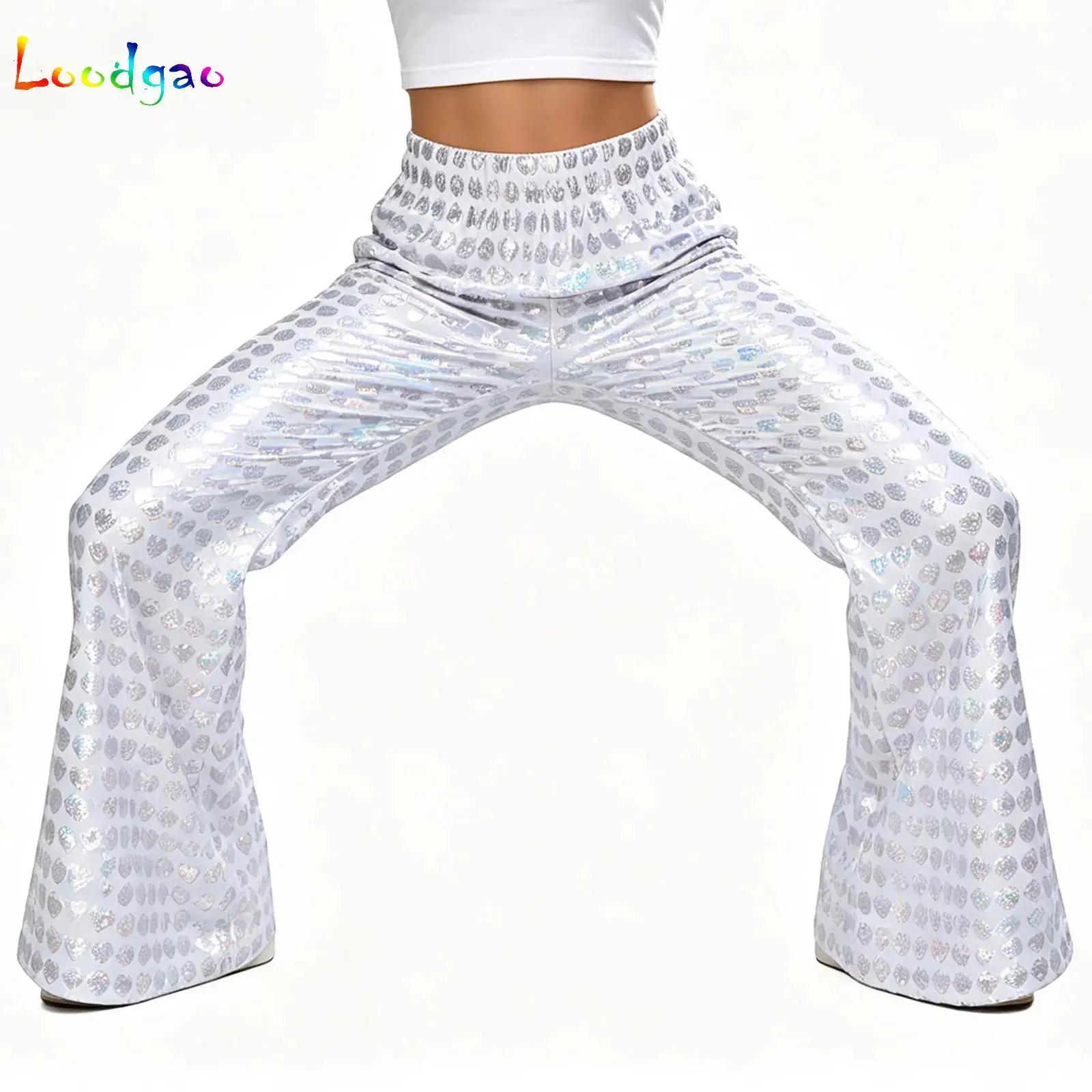 Boys Girls Metallic Printed Party Flared Pants Kids Shiny Hip Hop Jazz Dance Stage Performance Competition Bell-bottom Trousers