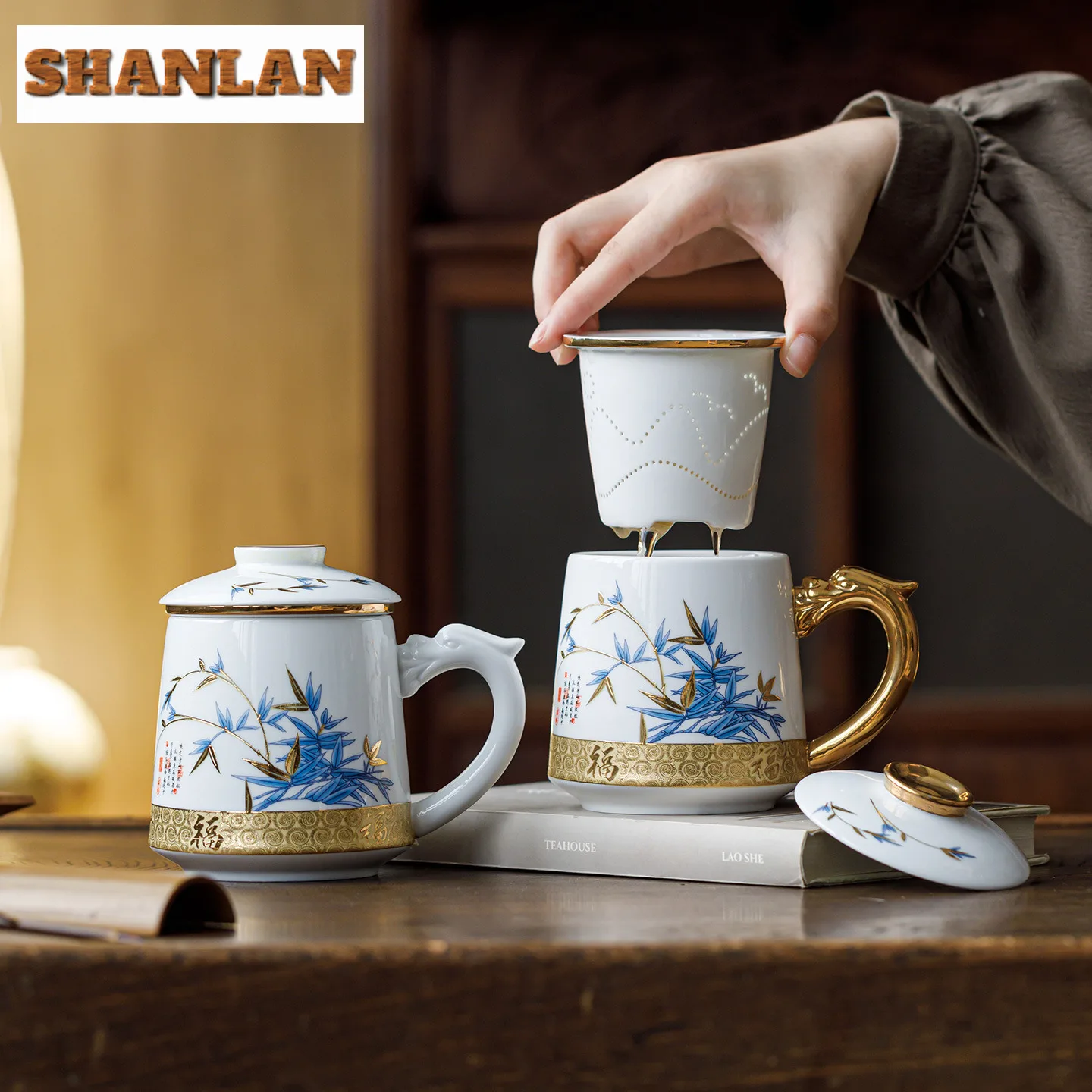

350ml Hand Painted Bamboo Dragon Handle Filter Tea Separator Cup Luxury Tea Mug With Infuser Tea Brewing Office Water Cup Gift