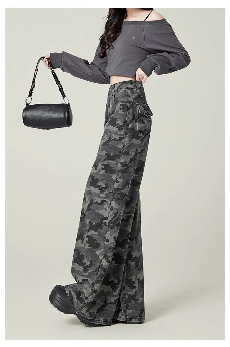 Y2K Übergröße Damen Graue Camouflage Cargo Jeans 2026 Frühling Herbst Hochgeschnittene Weite Hose Streetwear – Detail 11