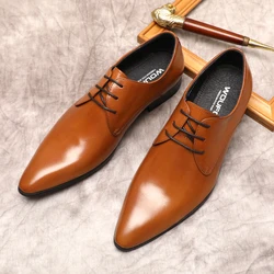 HKDQ Leather Formal Shoes For Men Genuine Leather Italian Dress Shoes Men Black Brown Lace Up Wedding Men's Pointy oxford Shoes